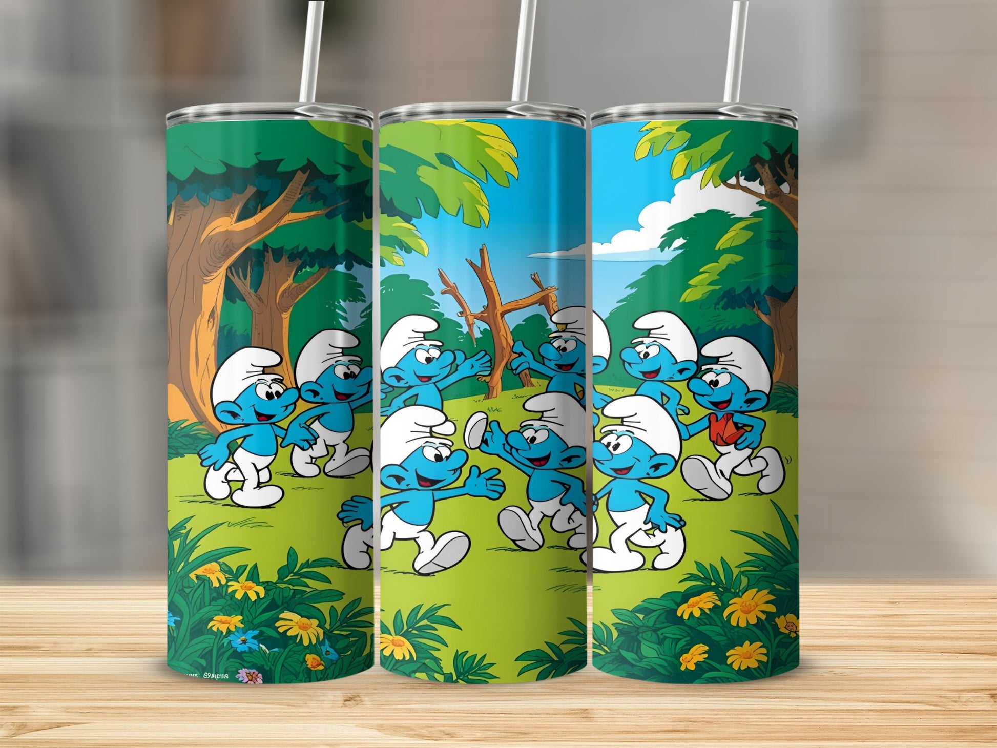 Smurfs walking through a grassy field with trees and flowers.