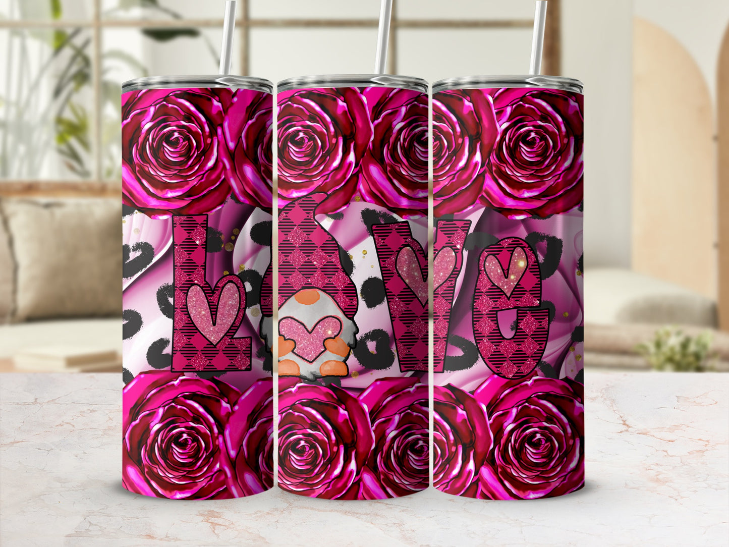 Pink Rose Love Pattern Tumbler Gift for Valentine's Day