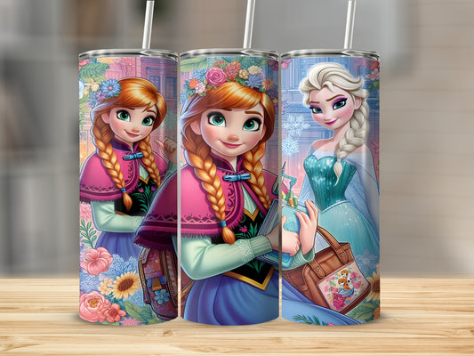 Three Frozen characters with floral accents on tumblers.