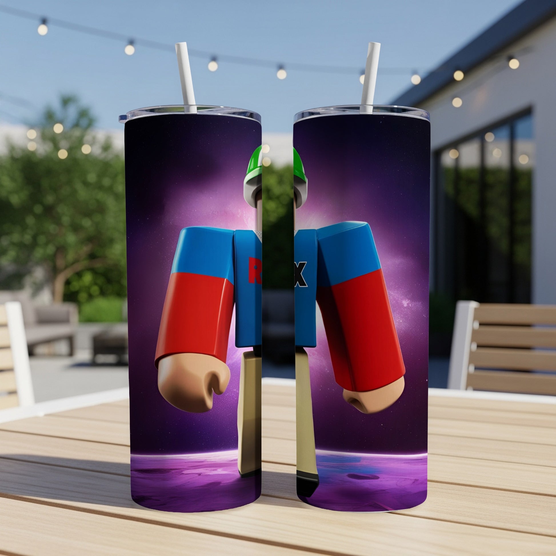 Roblox character tumbler with vibrant colors and outer space background.