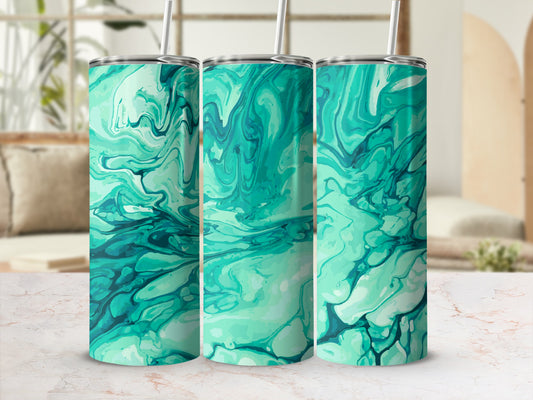 Three tumblers with marbled green and teal patterns, each with a straw.