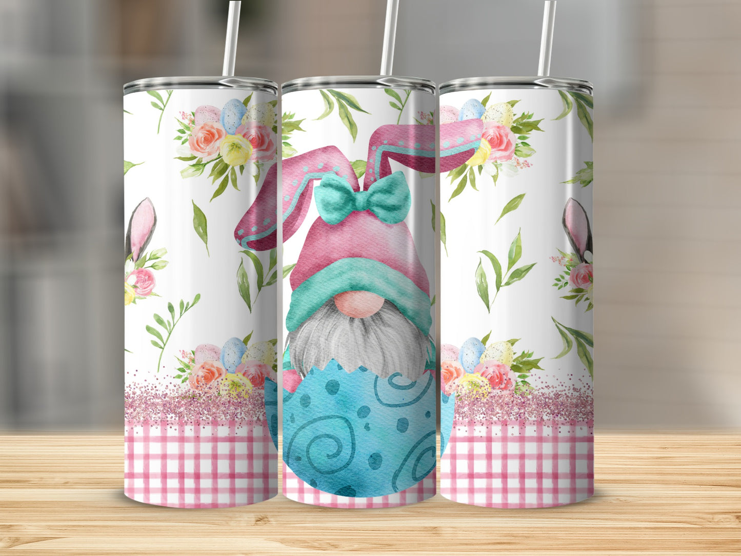 Easter gnome with bunny ears and colorful eggs on a pink gingham background.