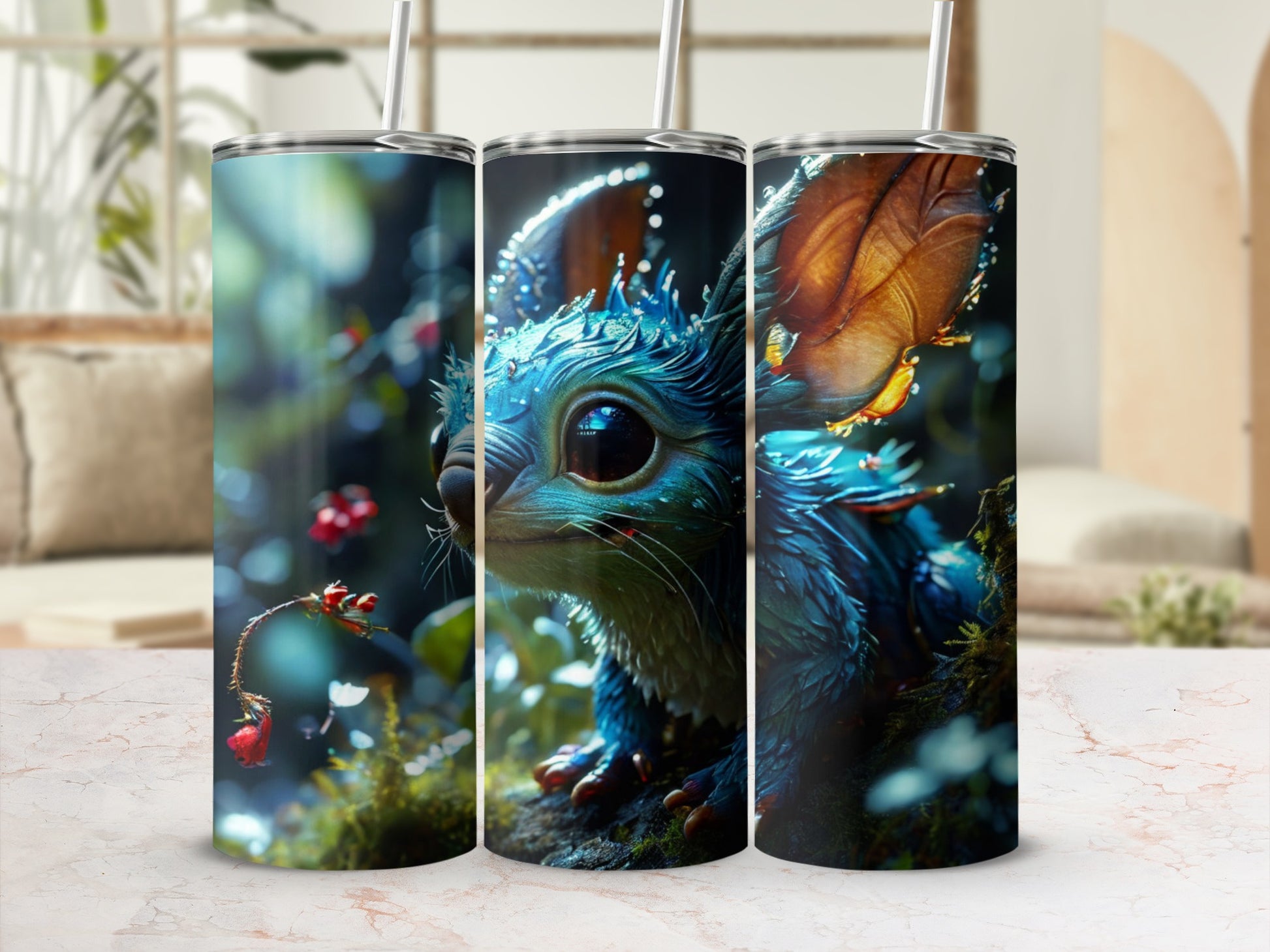 Three tumblers featuring a mystical blue creature with large eyes in a forest setting.