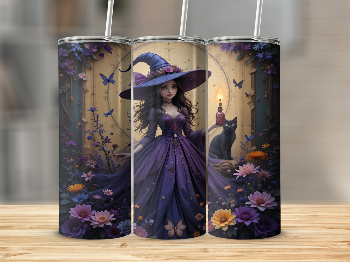 Witch with a black cat and glowing potion bottle, surrounded by flowers and butterflies.