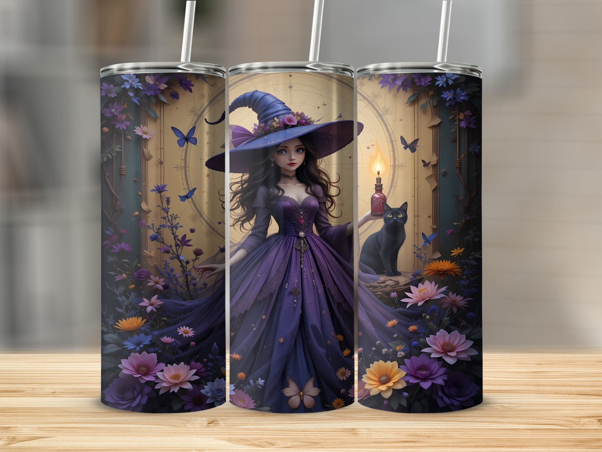 Witch with a black cat and glowing potion bottle, surrounded by flowers and butterflies.