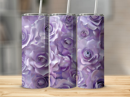 Three tumblers with a purple rose floral design sit on a wooden surface.