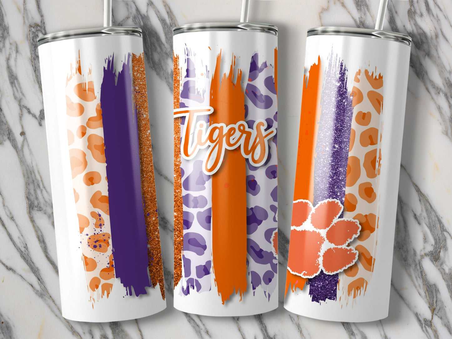 Tigers Paw Logo Orange Purple Team Spirit Brushstrokes Tumblers