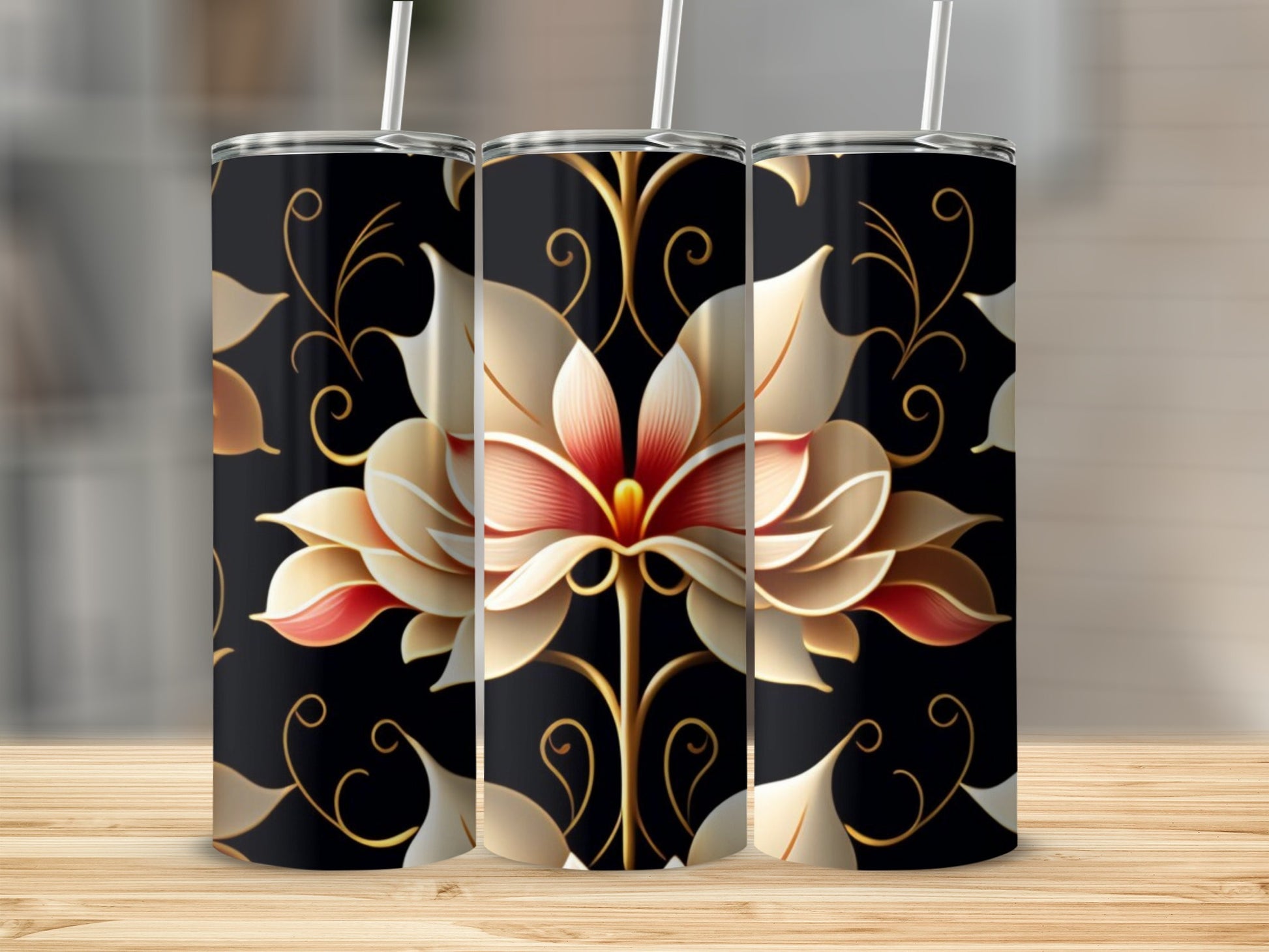 Elegant Floral Design Tumbler with Lid and Straw