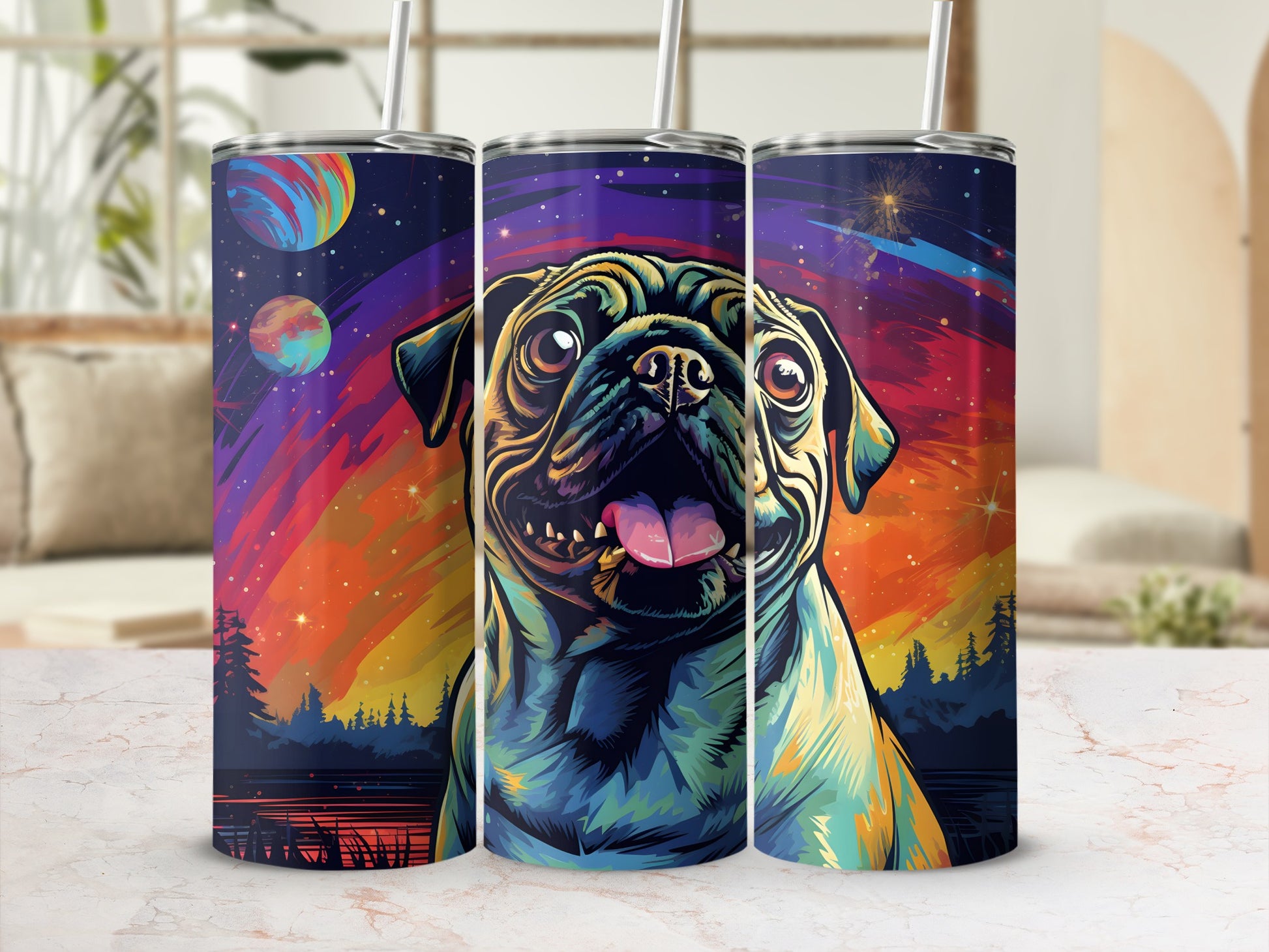 Three tumblers with a colorful pug and space scene design.