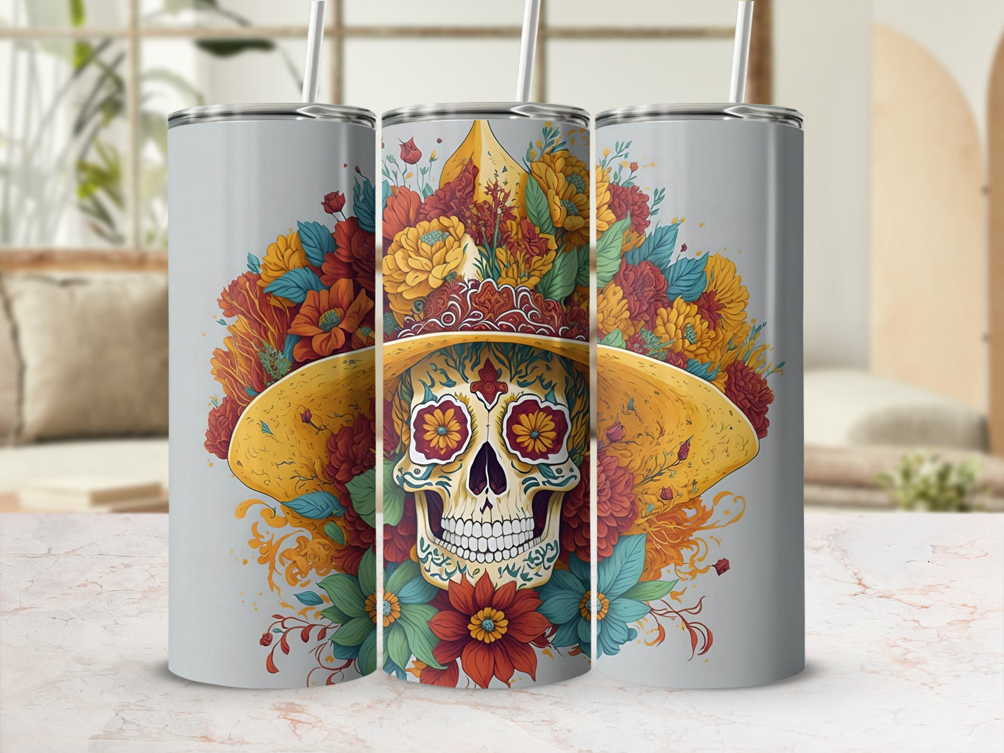 Colorful Day of the Dead Skull Designed Tumbler