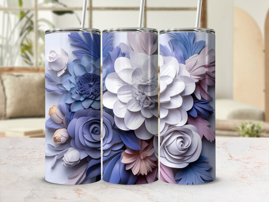 Three tumblers with detailed floral patterns in shades of purple and blue.