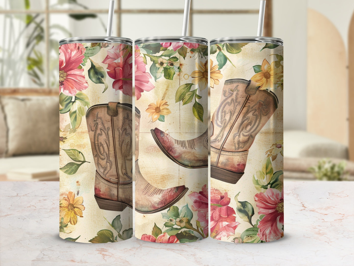Cowboy boots with floral pattern on tumbler cups.