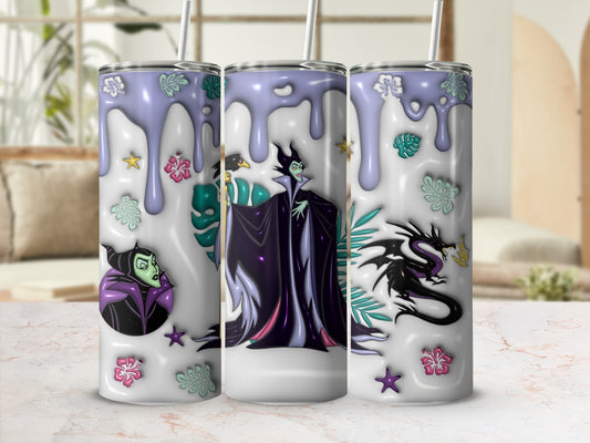 Maleficent and dragon design on three skinny tumblers with floral accents.
