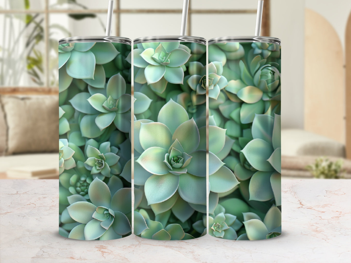 Three tall tumblers with a close-up succulent plant design.