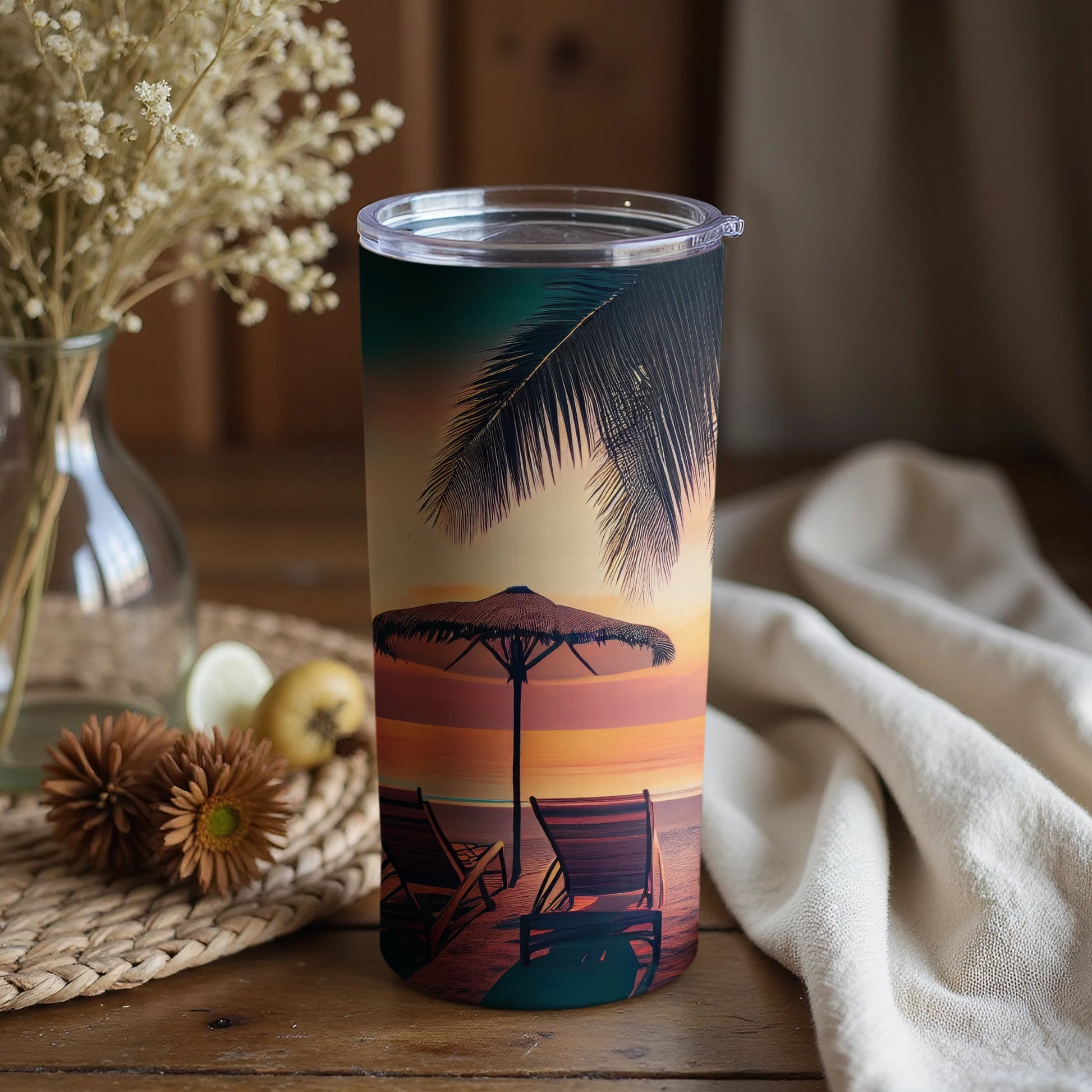 Tropical Beach Sunset Scene Tumbler for Relaxation