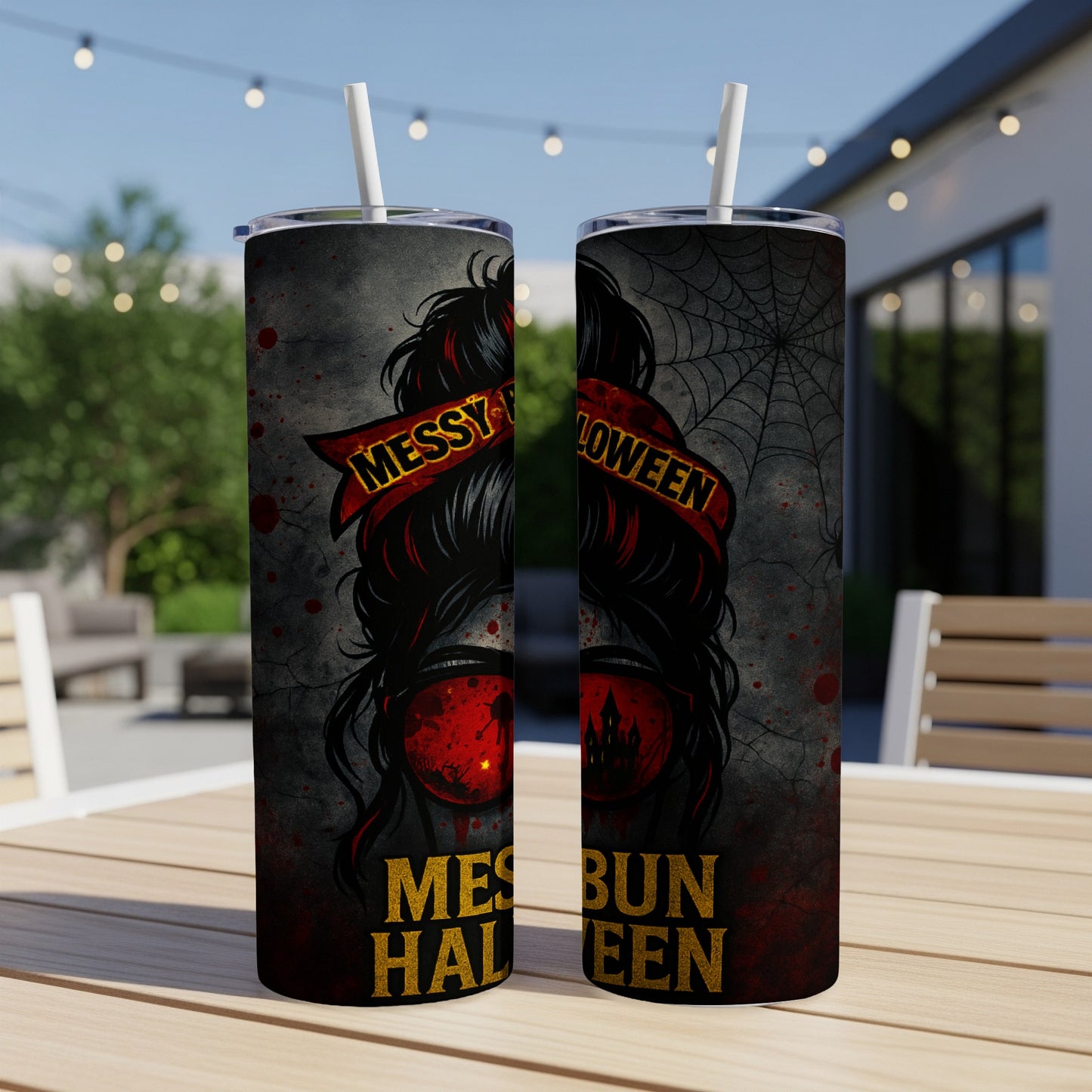 Two tumblers with a "Messy Halloween" design featuring a messy bun and spooky graphics.