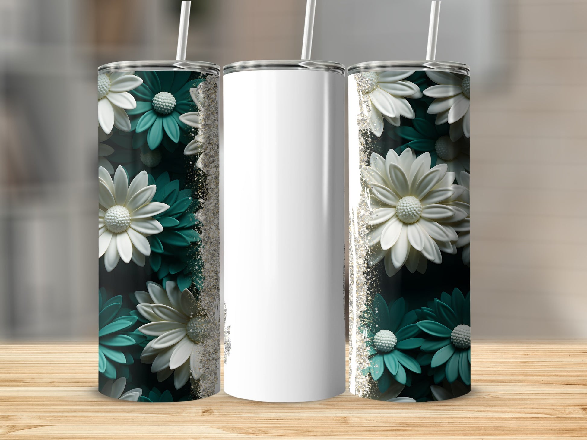 White tumbler with green and white floral design.