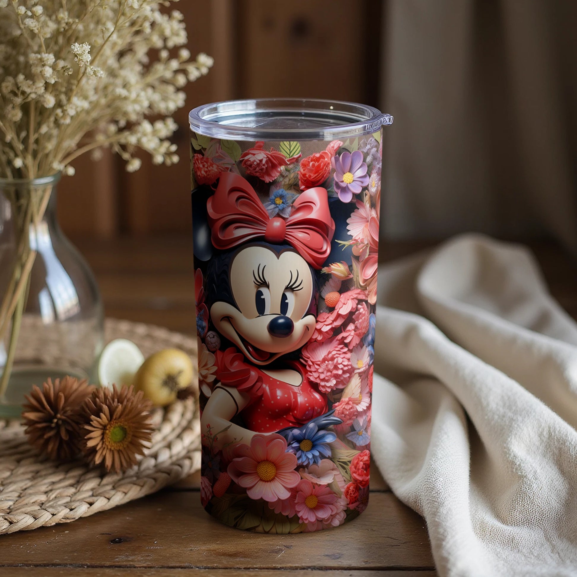 Cute Minnie Mouse Floral Design Travel Tumbler