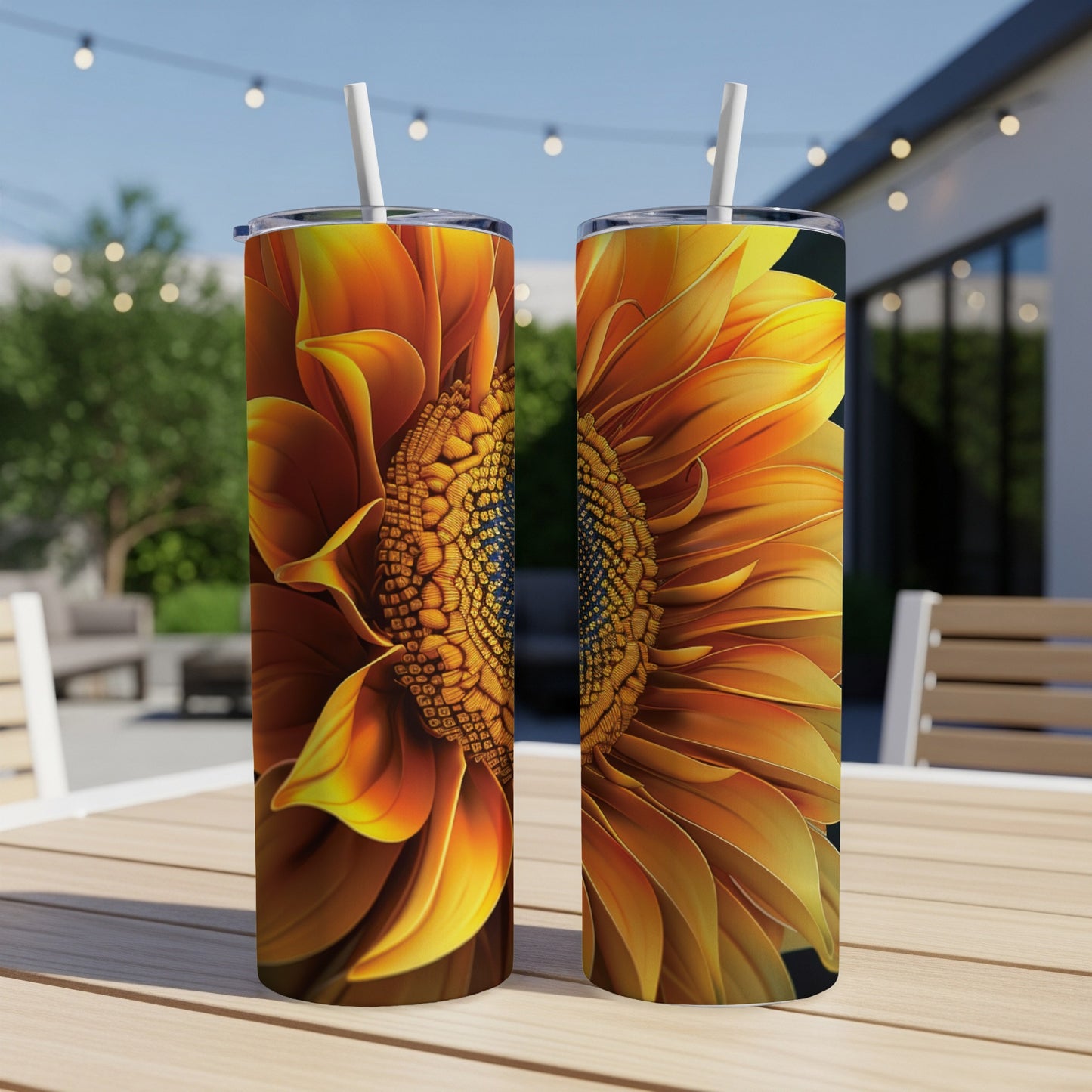 Two tall tumblers with a detailed sunflower design, resting on a wooden table.