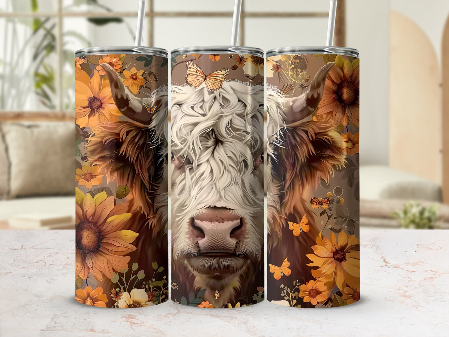 Highland cow with sunflowers and butterflies, warm color palette.