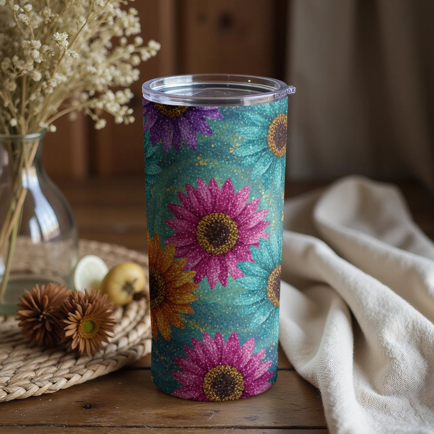 Floral Glitter Sunflower Design Travel Tumbler