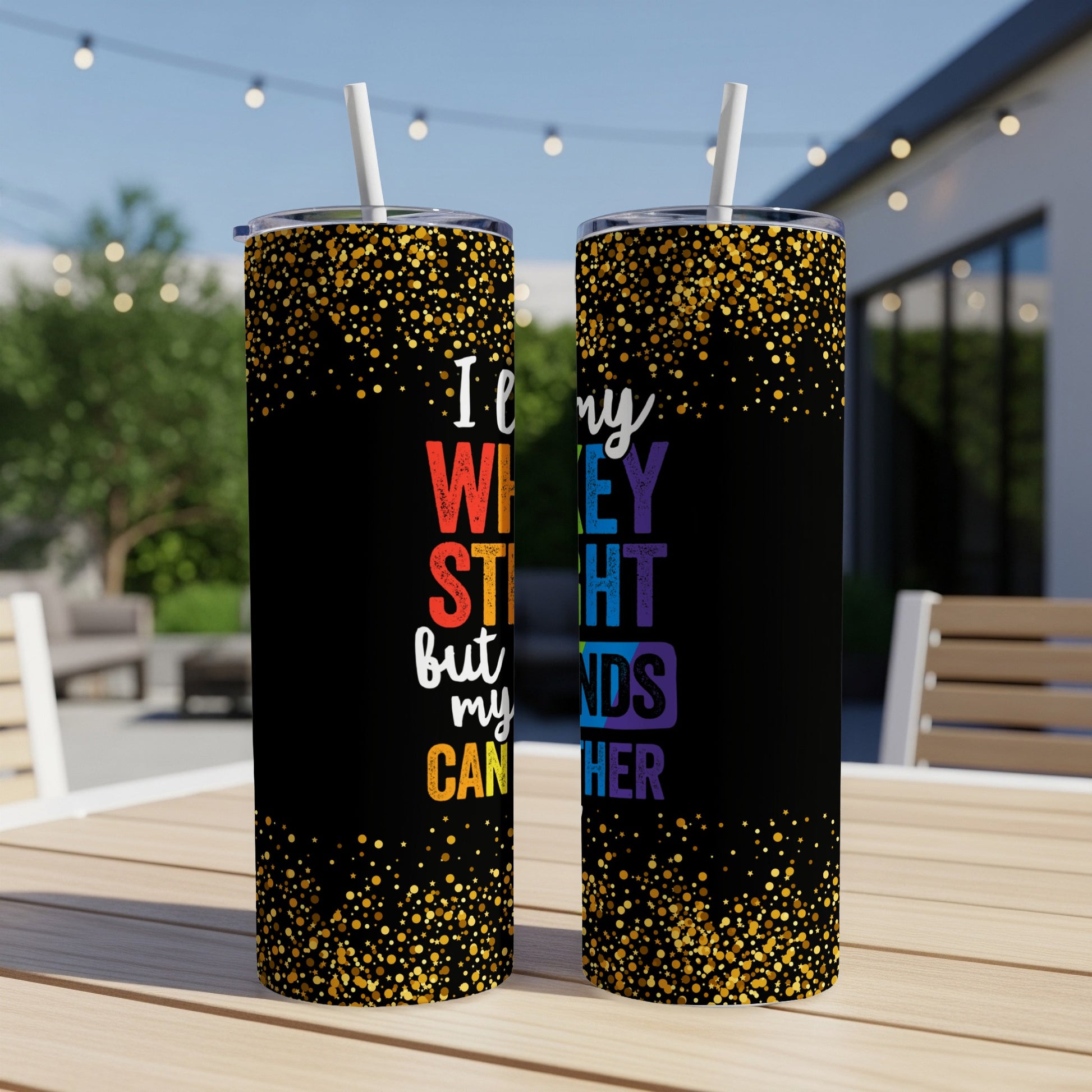 Rainbow and gold speckled tumbler with text "I wear red but my cancer is stronger".