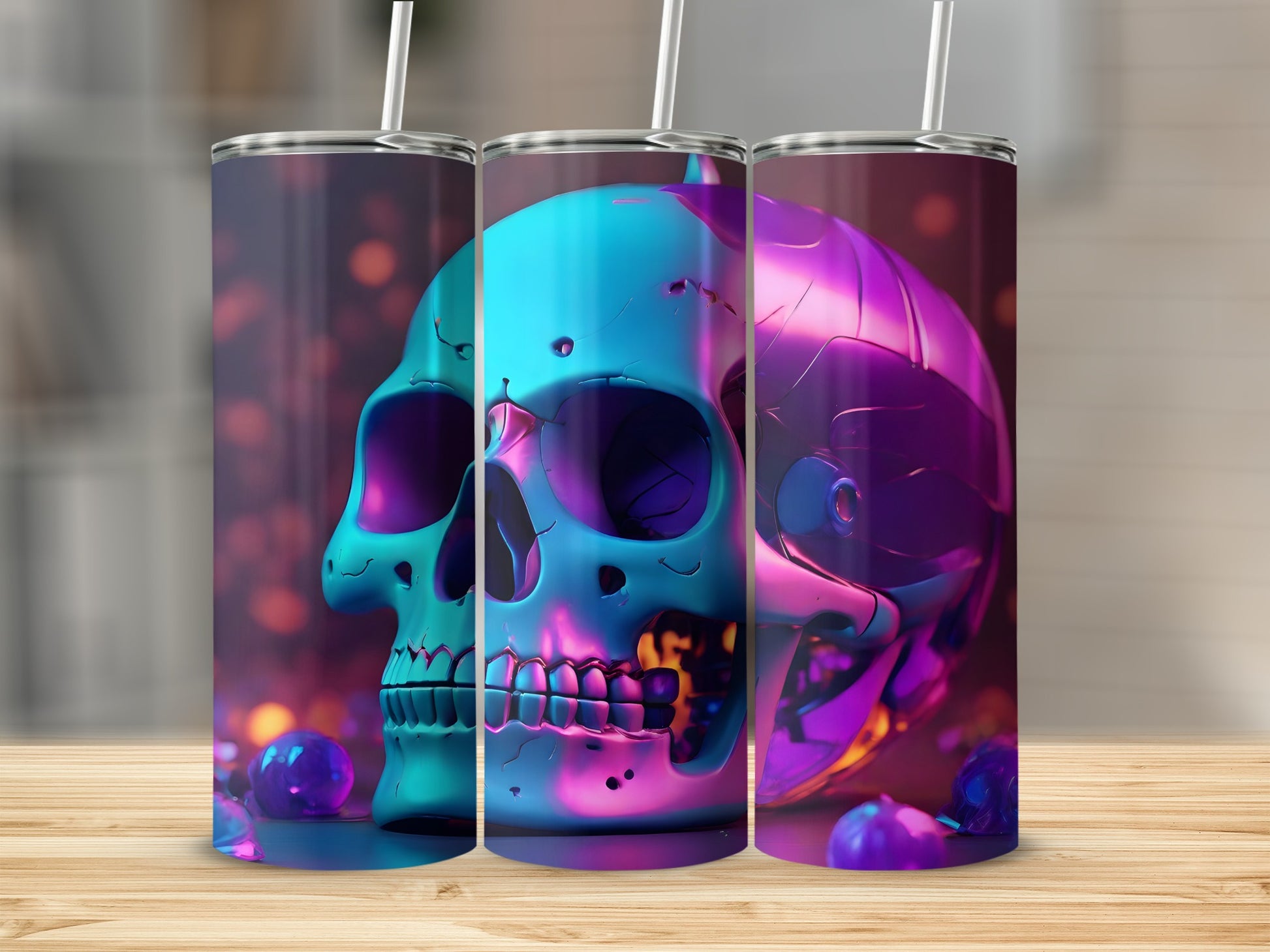 Three tumblers with iridescent skull designs and straw accents.