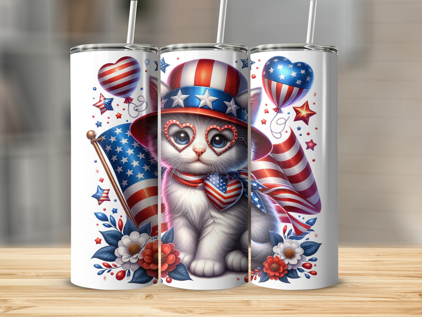 White kitten wearing patriotic hat and heart-shaped glasses, with US flags.