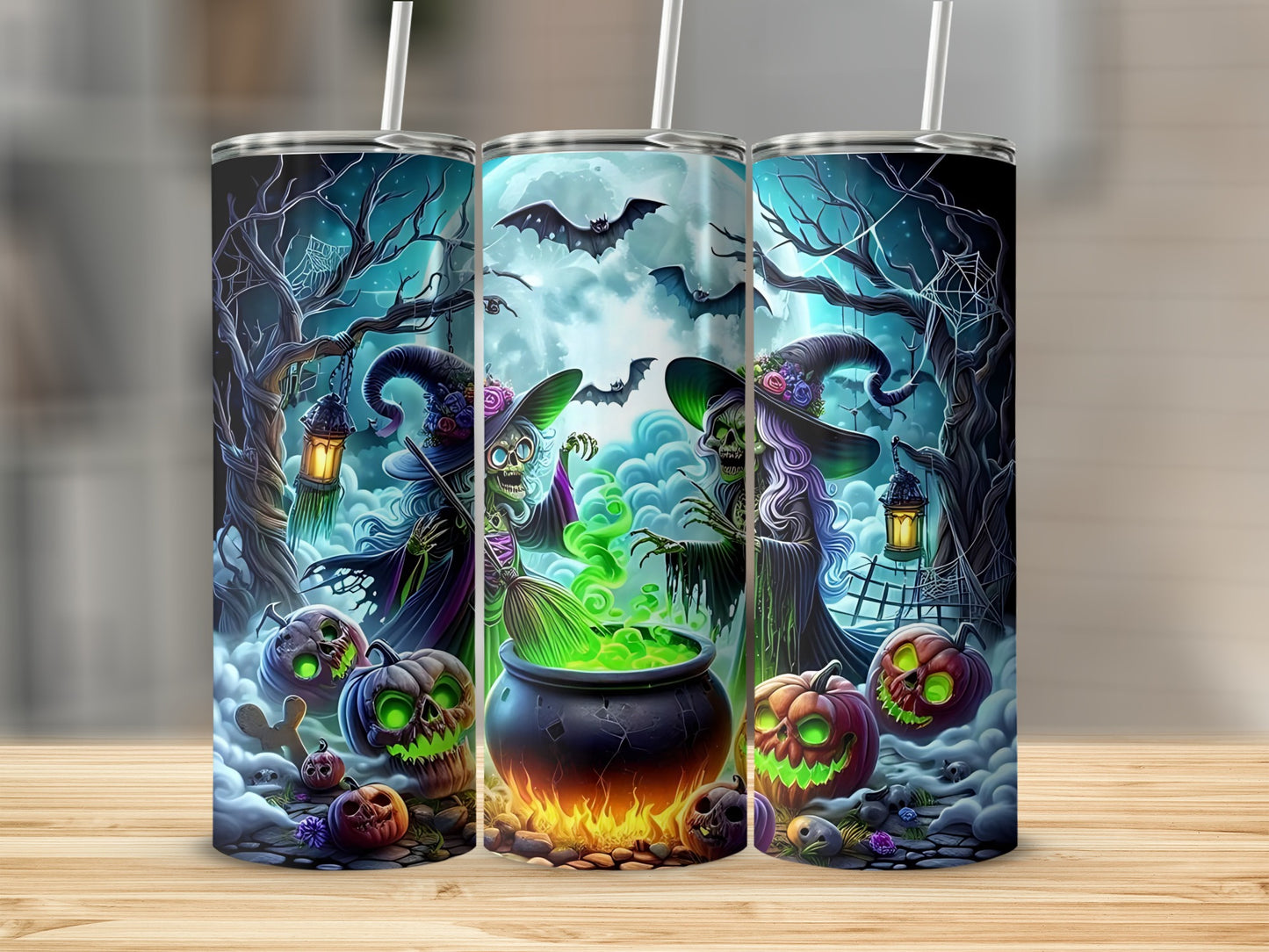 Three tumblers feature Halloween witches stirring a cauldron with pumpkins, bats, and spooky trees.
