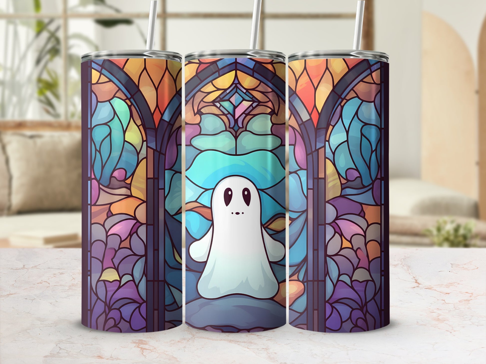 Ghost and stained glass pattern on a tumbler with straw.