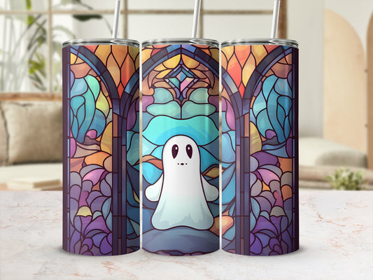 Ghost and stained glass pattern on a tumbler with straw.