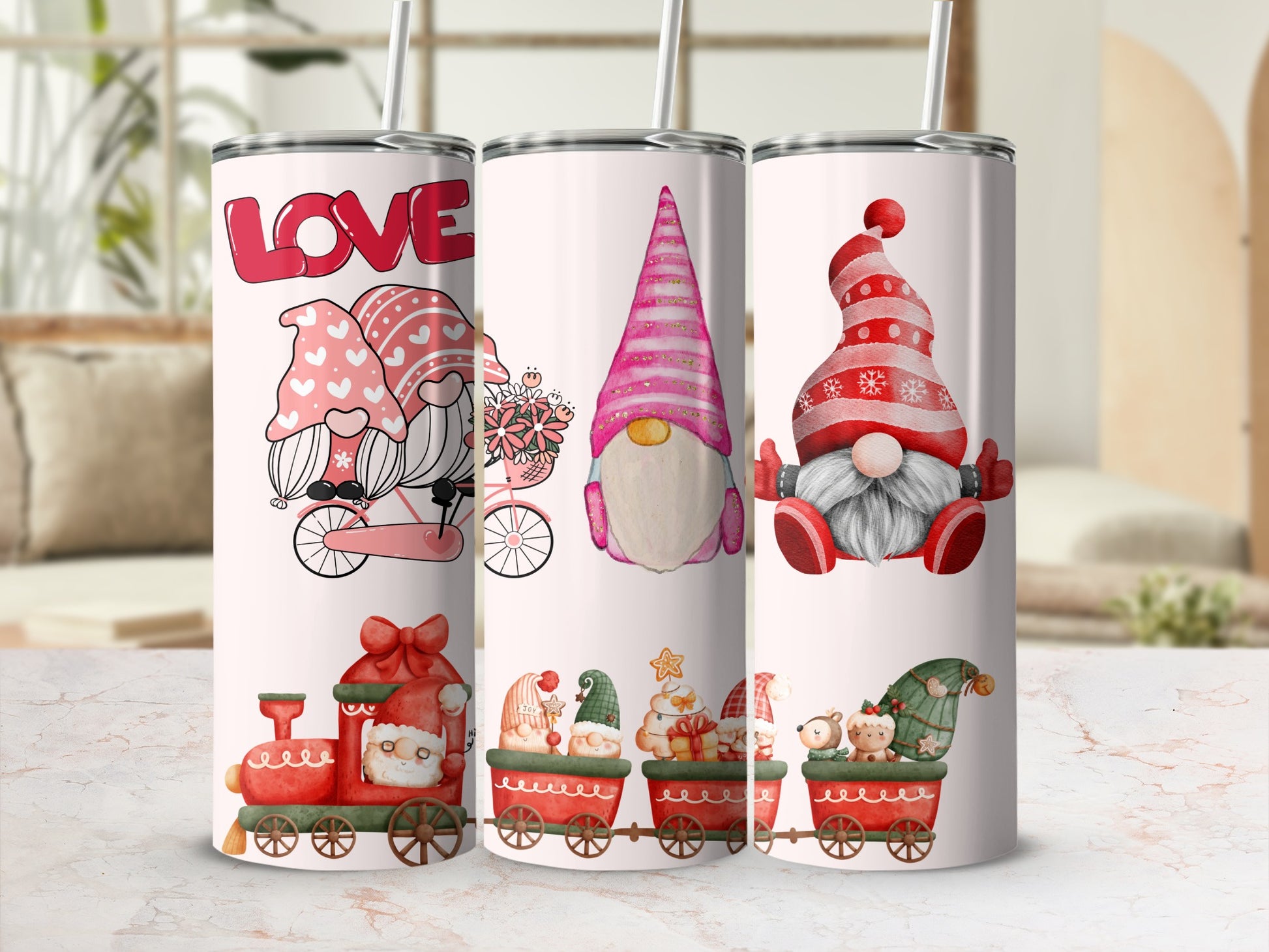 Whimsical Gnomes and Festive Train Tumbler