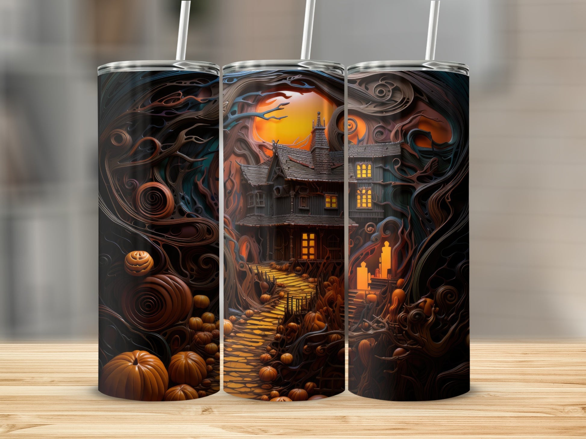 Halloween tumbler with haunted house, pumpkins, and spooky trees.