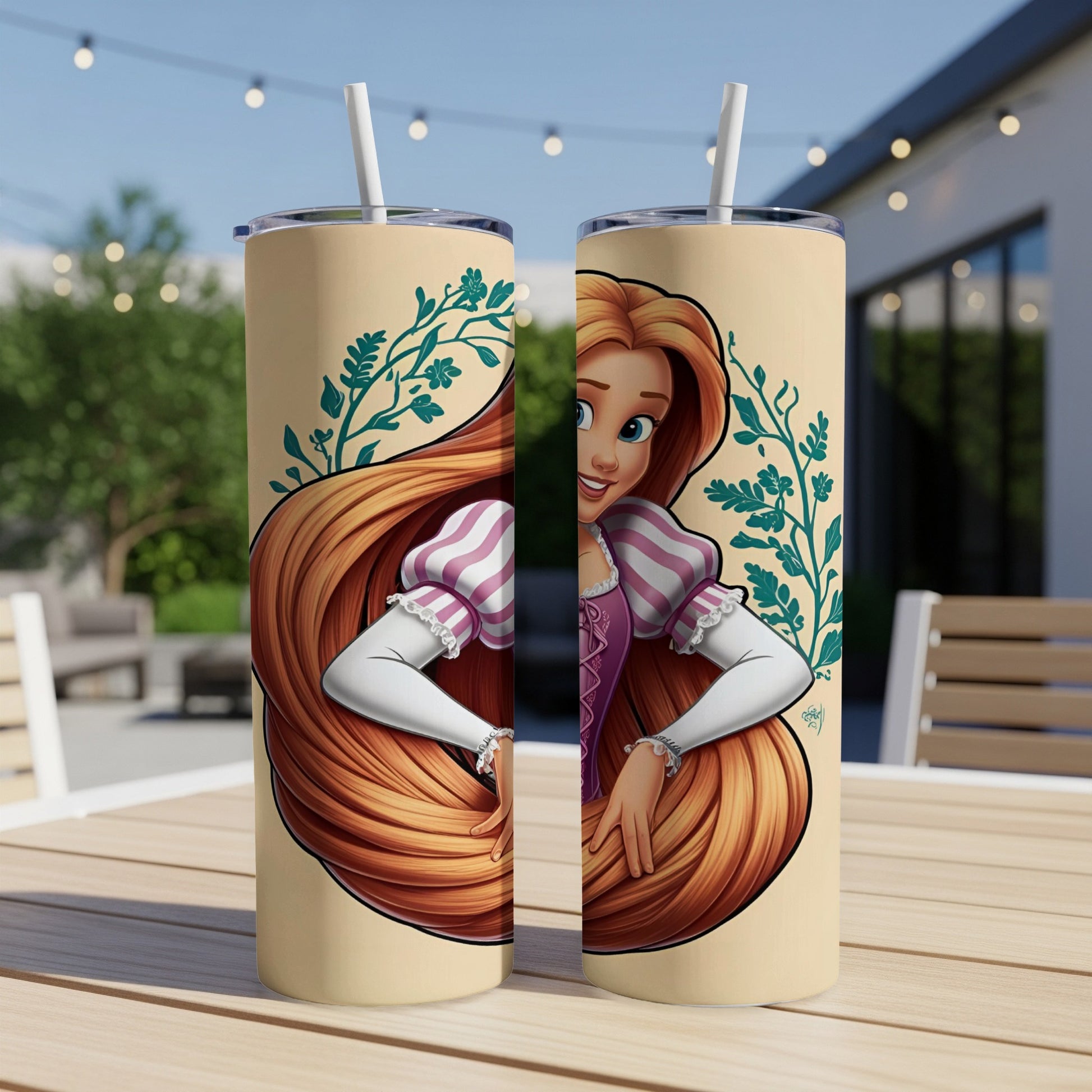 Rapunzel from Tangled on a tumbler with a straw.
