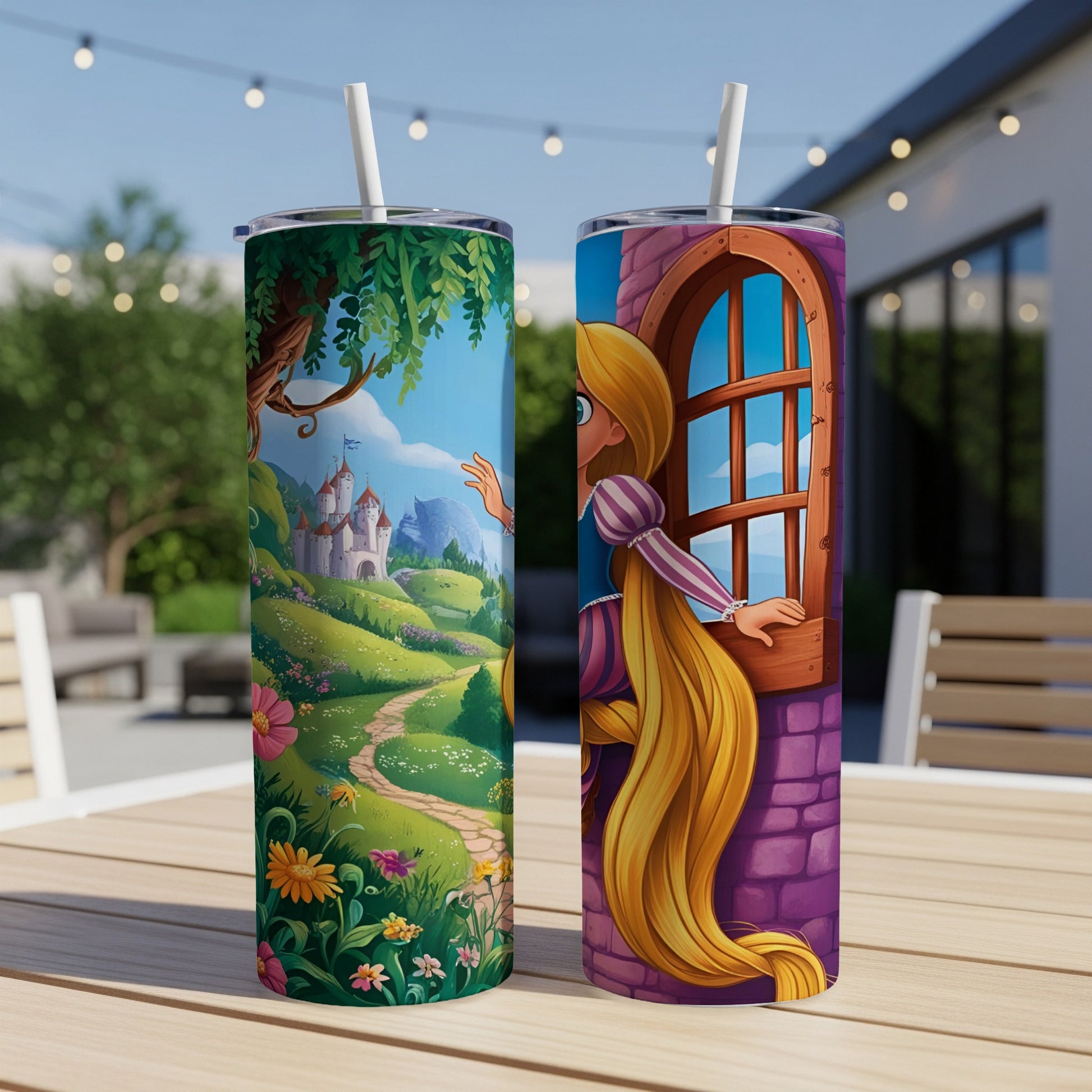 Rapunzel peeks from a castle window onto a colorful, whimsical landscape.