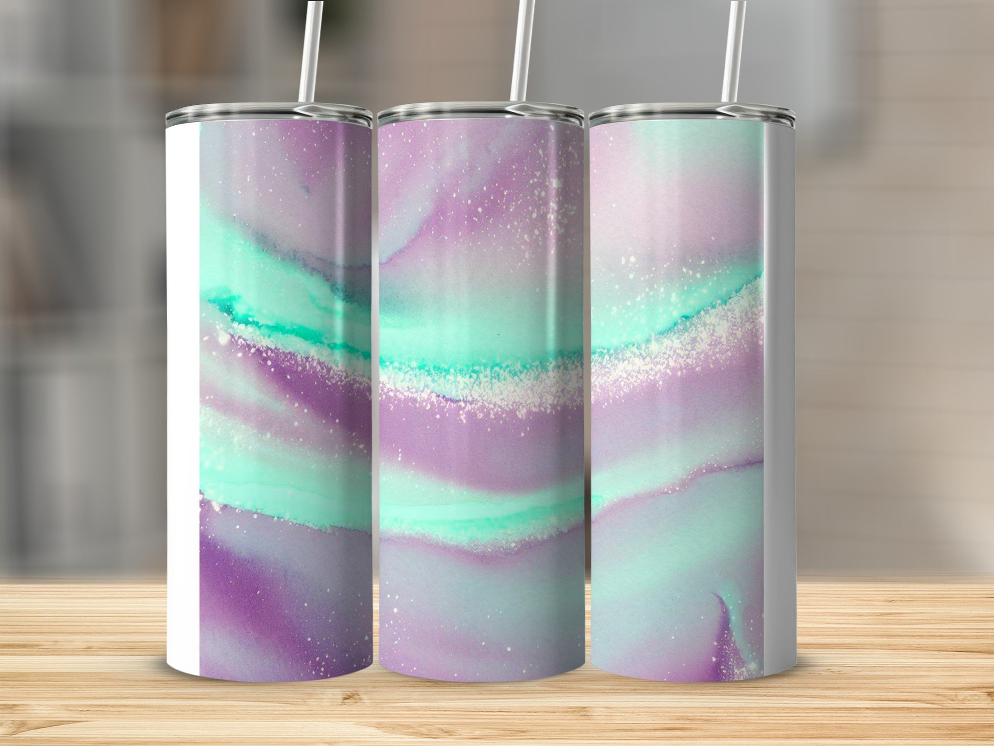 Pastel Purple and Teal Tumbler with Straw Design