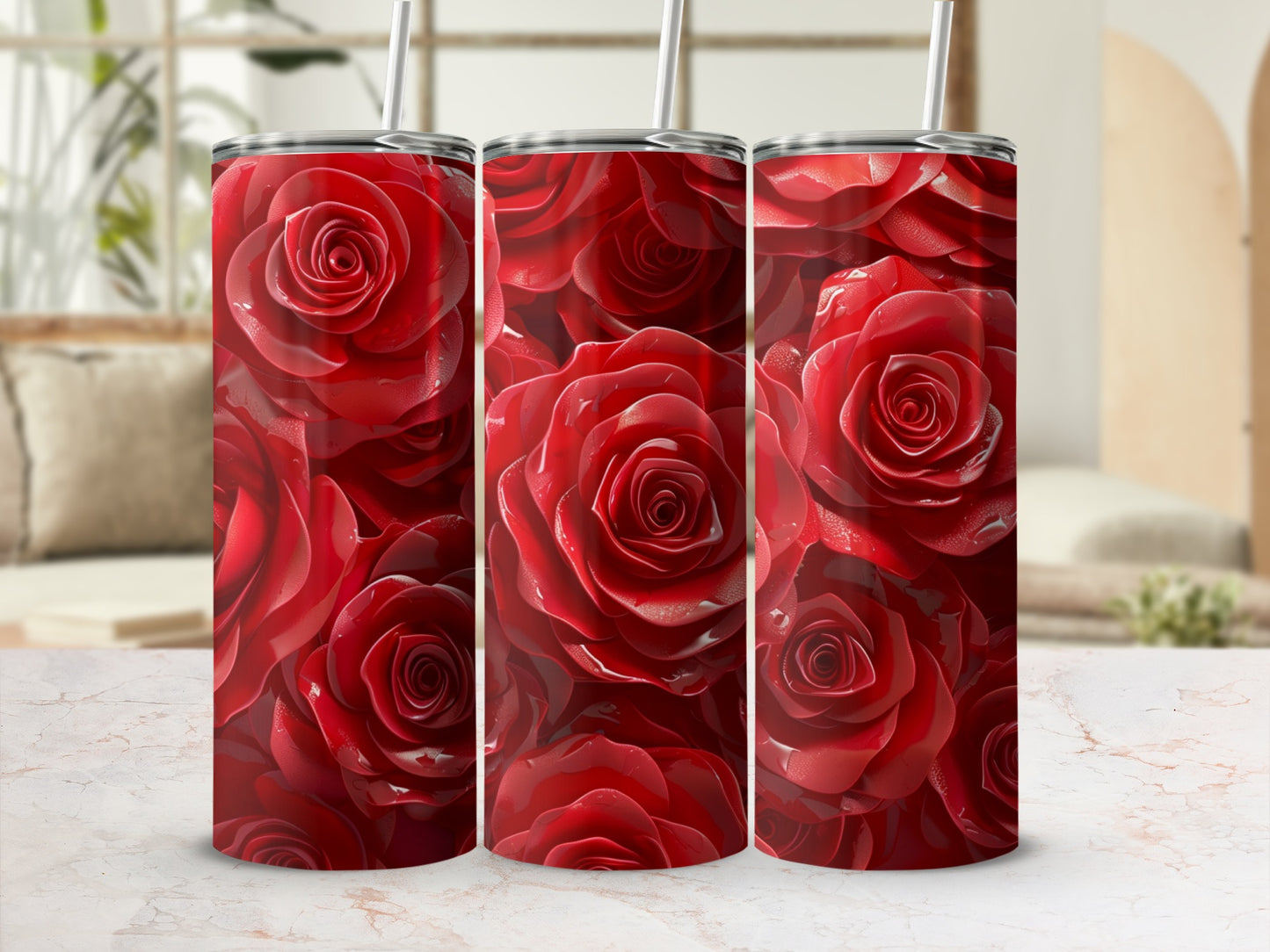 Three tumblers covered in a detailed red rose pattern.