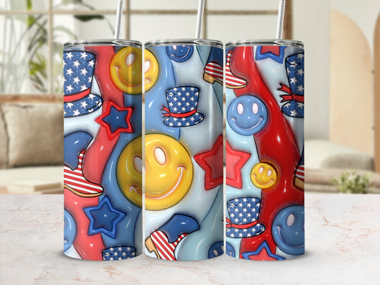 Pattern of red, white, and blue patriotic symbols, including stars and hats with smiley faces.