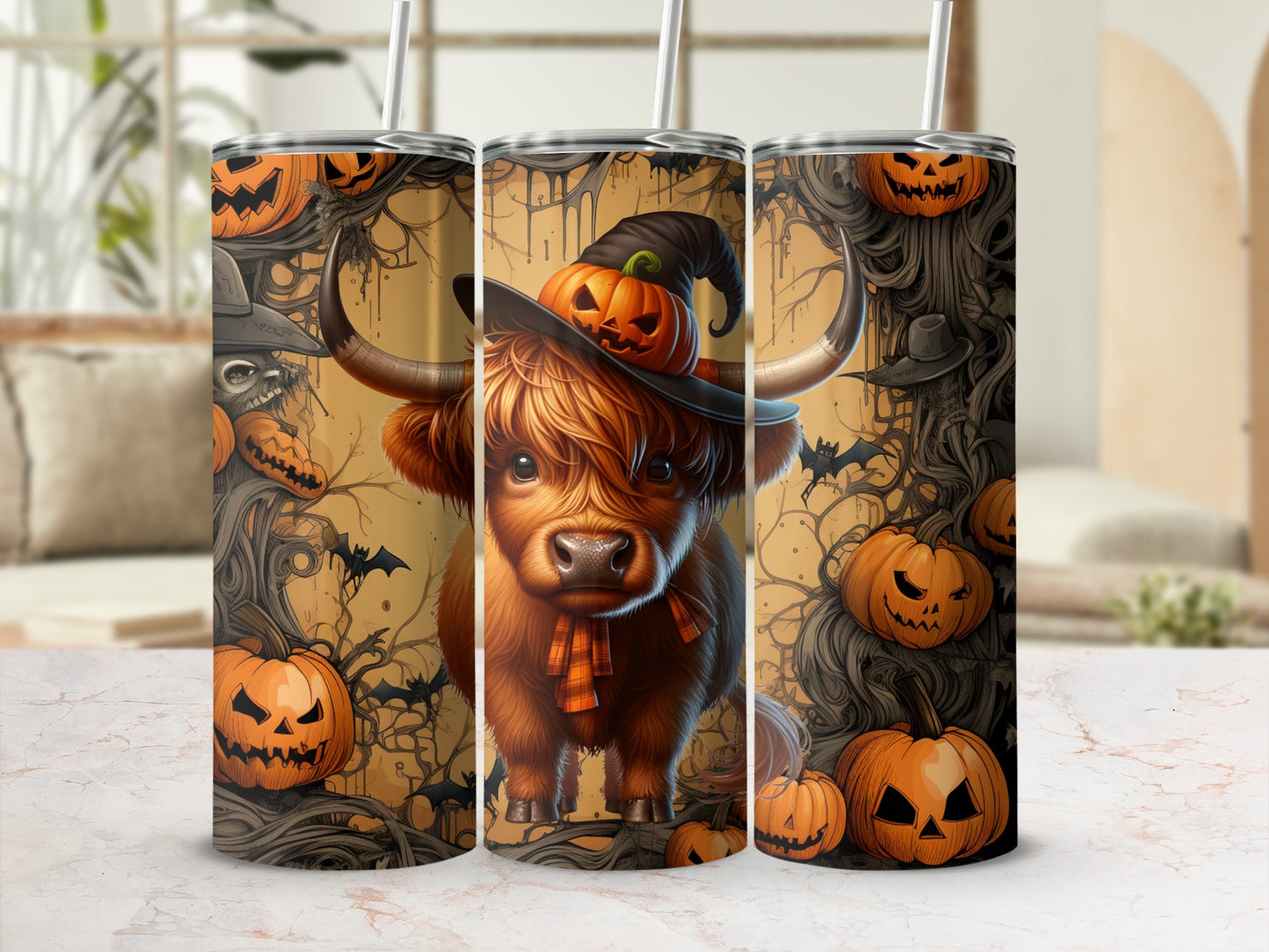 Cute Halloween Cow with Pumpkin Head Themed Tumbler