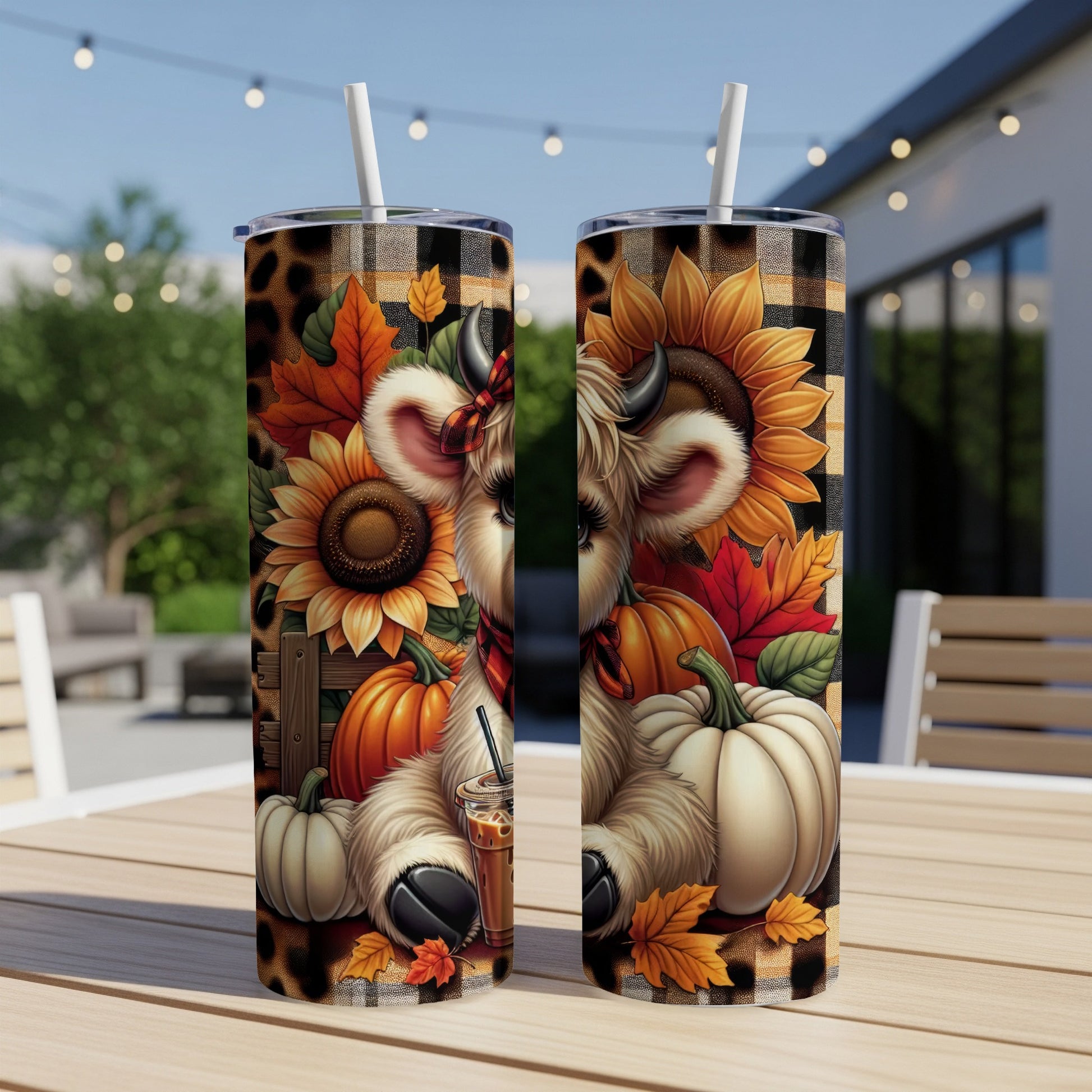 Two tumblers with a cow, sunflowers, pumpkins, and leopard print design.