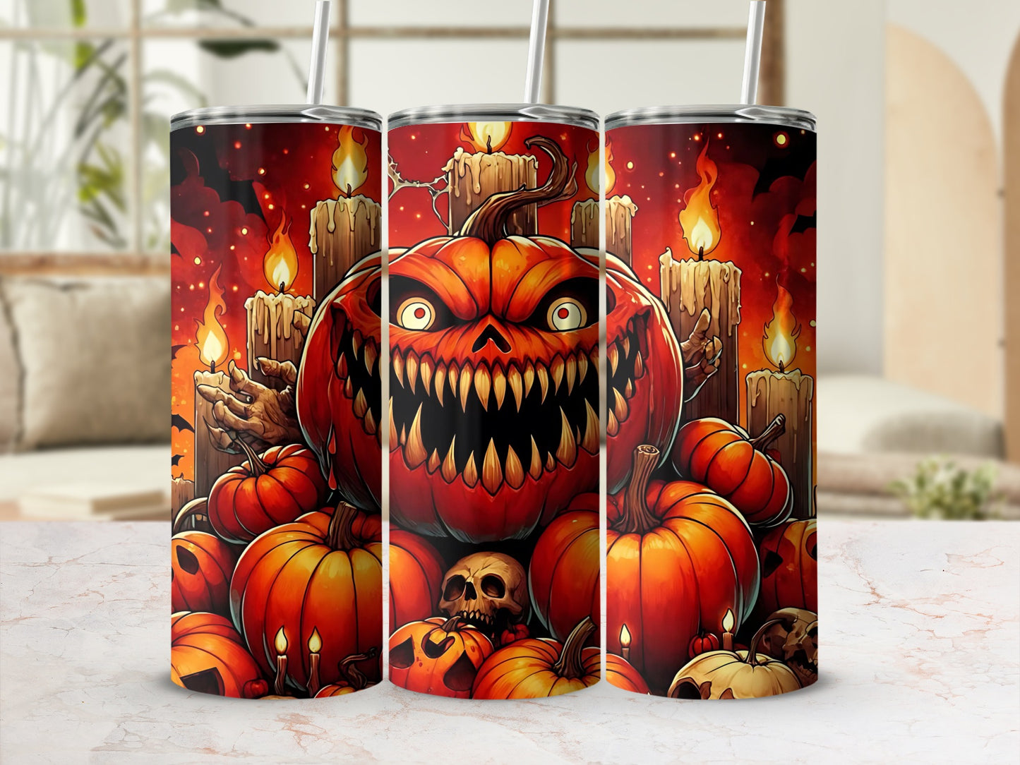 Halloween tumbler with scary pumpkin, skulls, and lit candles against a dark red background.