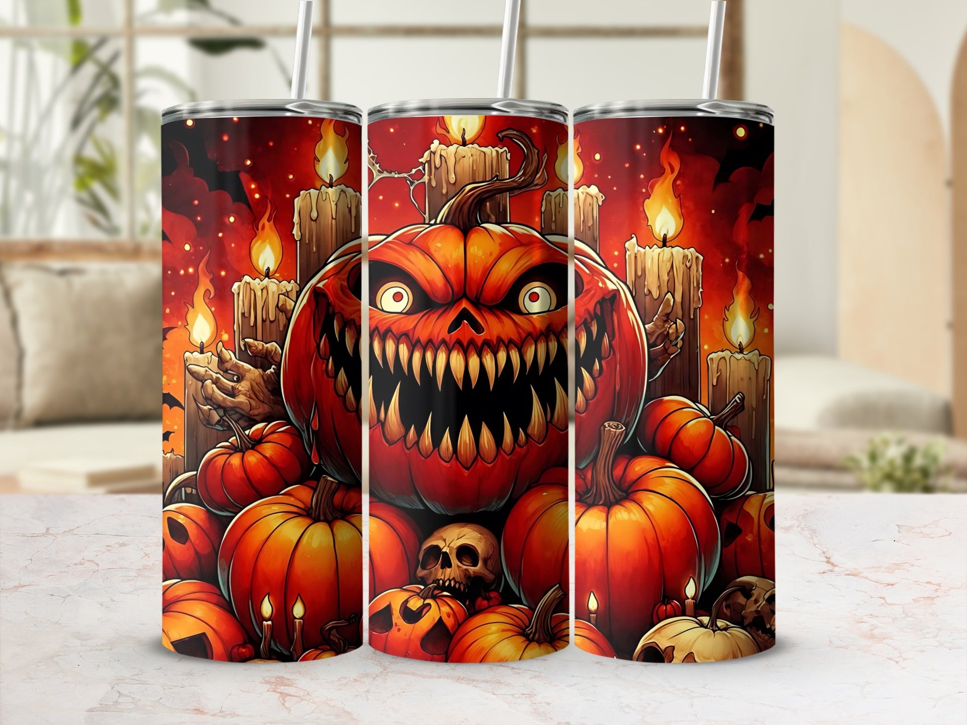 Halloween tumbler with scary pumpkin, skulls, and lit candles against a dark red background.