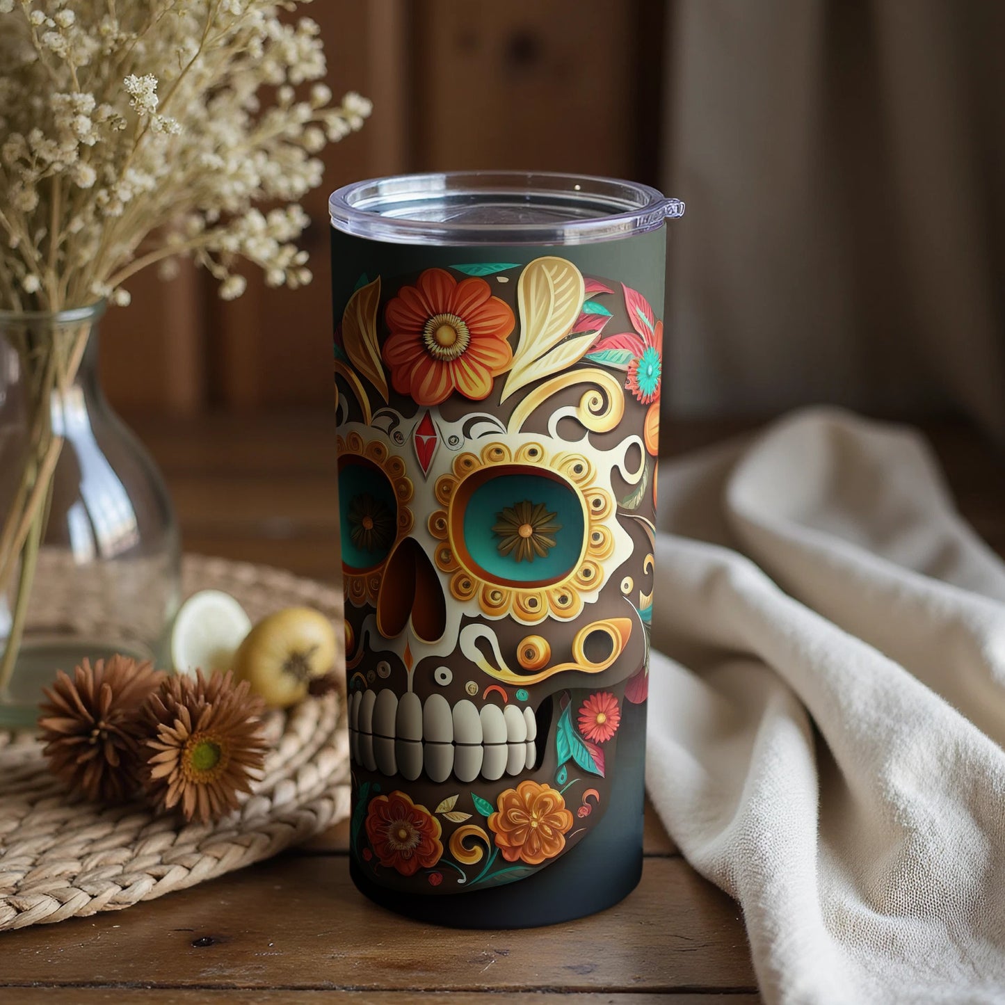 Vibrant sugar skull tumbler with floral artwork design