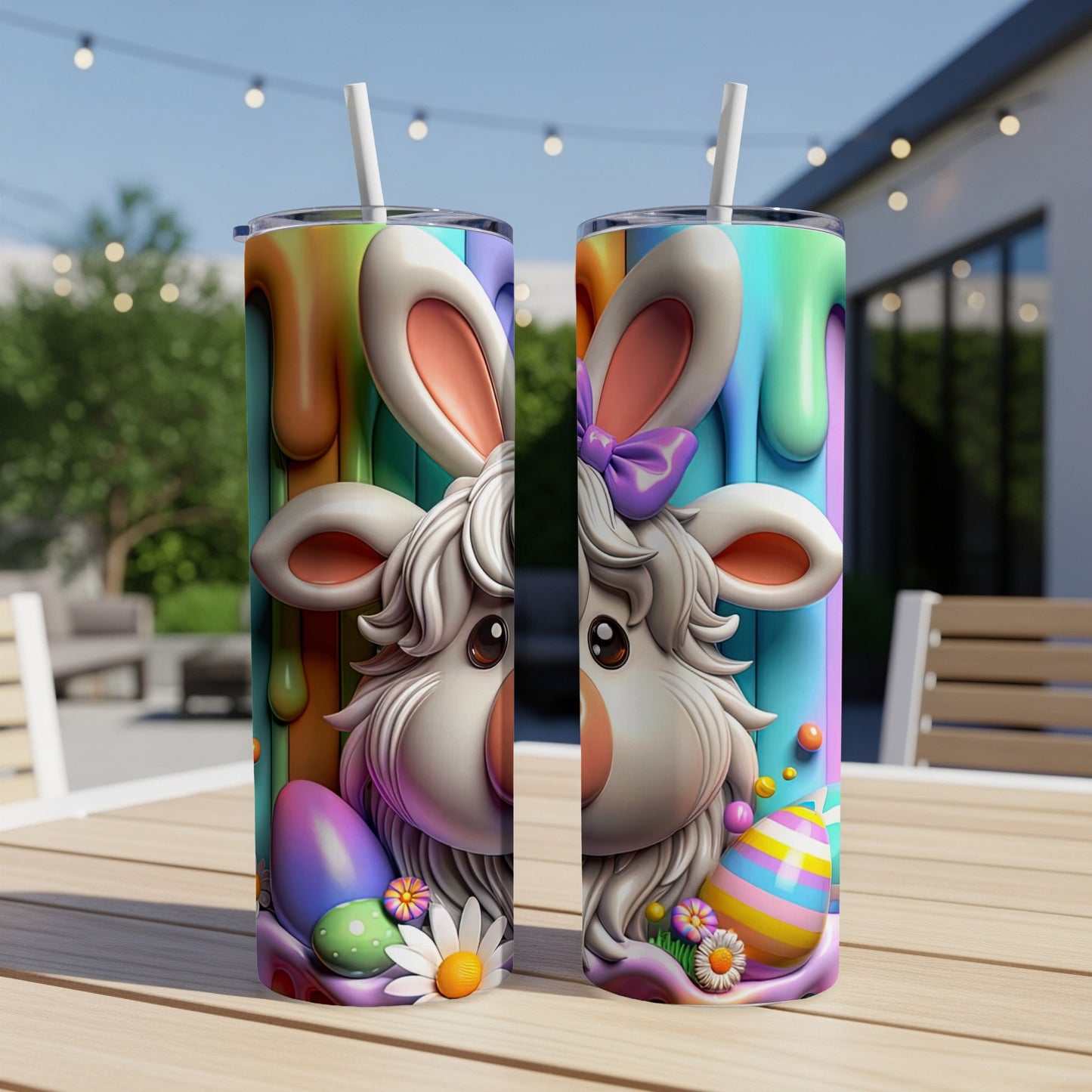 Two Easter-themed tumblers with cartoon sheep and colorful eggs.