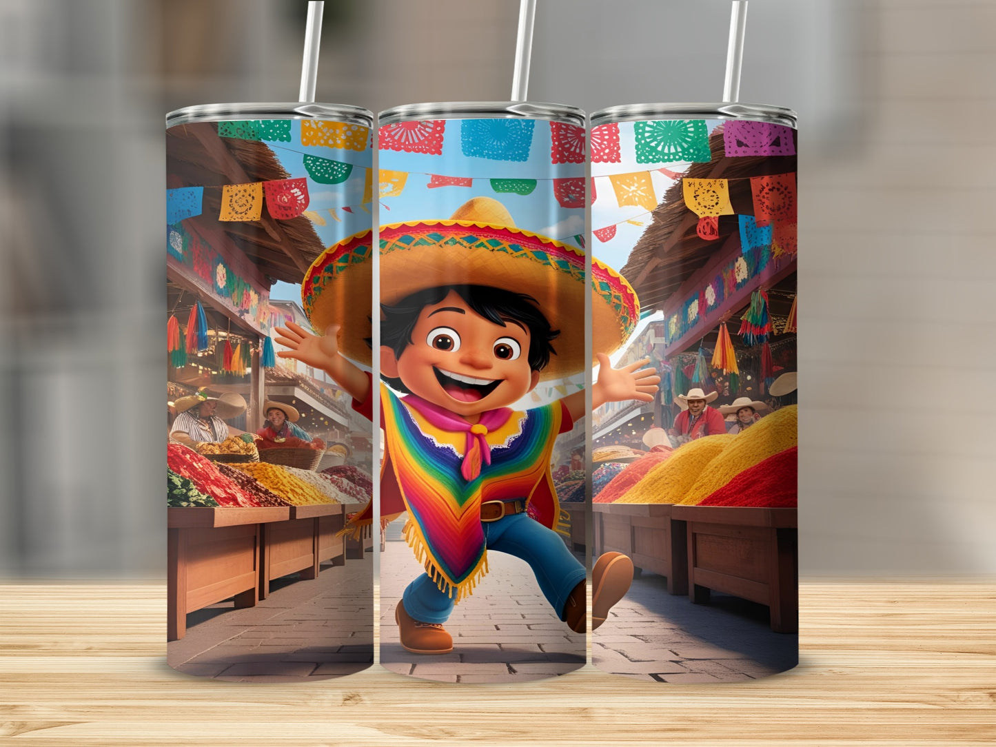 Child in sombrero and poncho dancing in a colorful market stall.