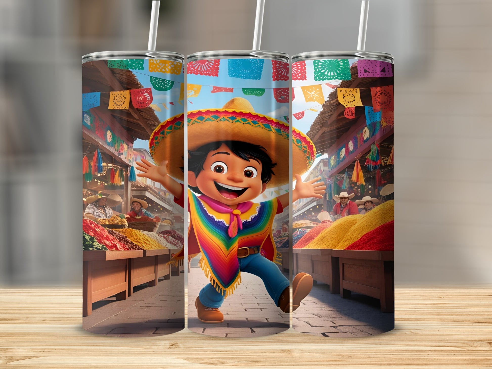 Child in sombrero and poncho dancing in a colorful market stall.