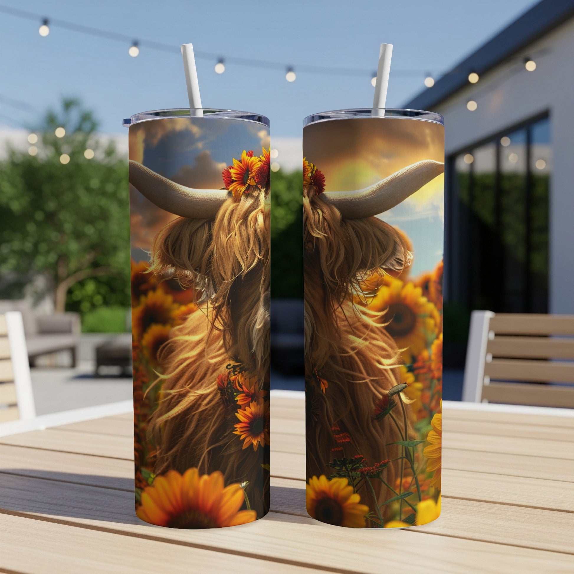 Highland cow with sunflowers on a tumbler.