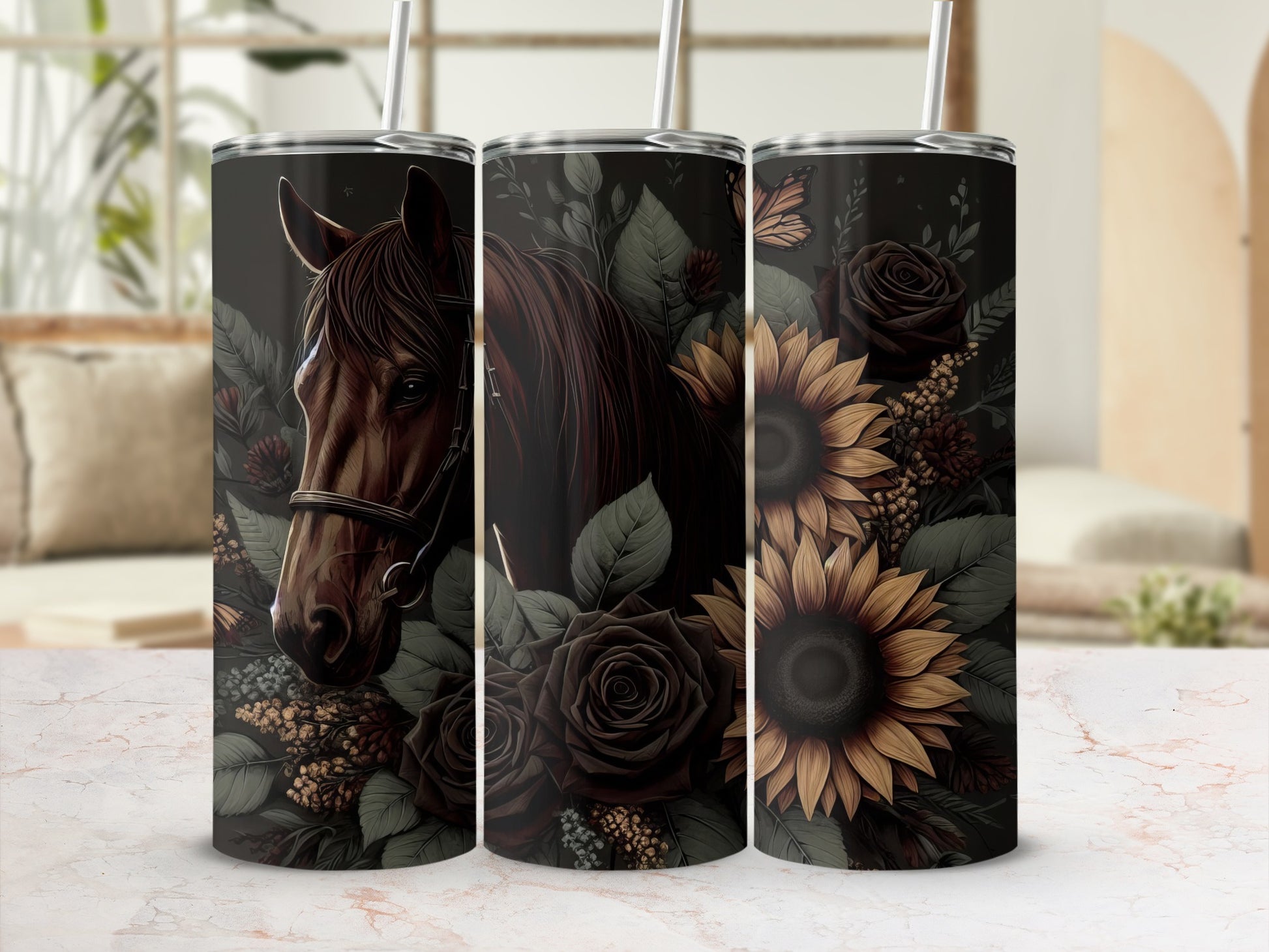 Dark horse head with sunflowers and roses on a tumbler.