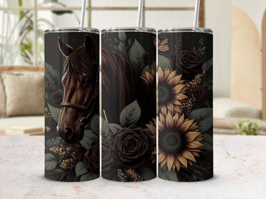 Dark horse head with sunflowers and roses on a tumbler.