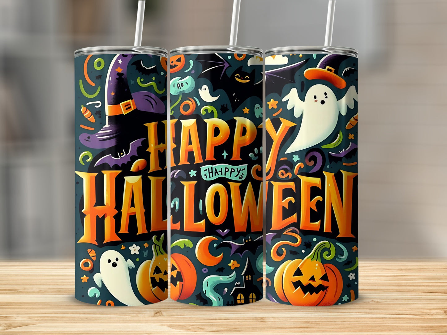 Three tumblers with a Halloween design featuring ghosts, bats, pumpkins, and the text "Happy Halloween."